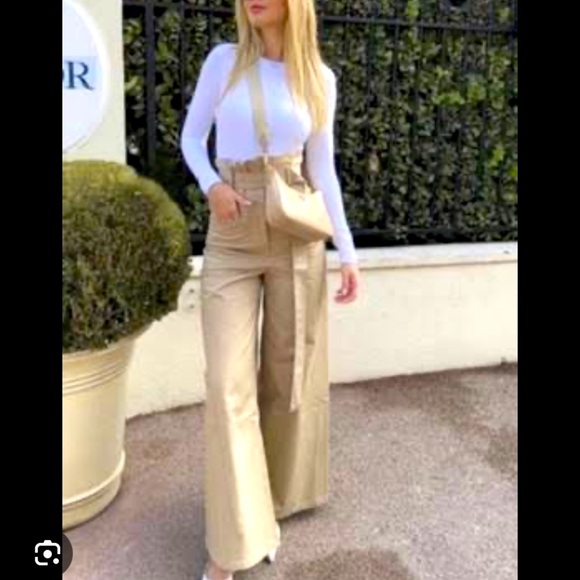 Zara Wide Leg Belted Full Length Gabardine Pants Khaki - Picture 1 of 11